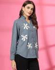 Women Blue Floral Embroidered Cotton Buttoned Top