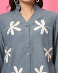 Women Blue Floral Embroidered Cotton Buttoned Top