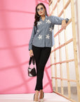 Women Blue Floral Embroidered Cotton Buttoned Top