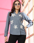 Women Blue Floral Embroidered Cotton Buttoned Top