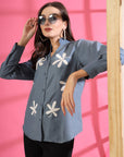 Women Blue Floral Embroidered Cotton Buttoned Top