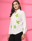 Women White Floral Embroidered Cotton Buttoned Top