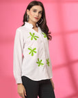Women White Floral Embroidered Cotton Buttoned Top