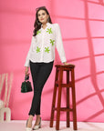 Women White Floral Embroidered Cotton Buttoned Top