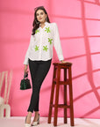 Women White Floral Embroidered Cotton Buttoned Top
