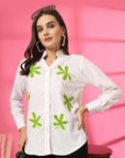 Women White Floral Embroidered Cotton Buttoned Top