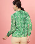 Green Floral Printed Cuban Collar Casual Buttoned Top