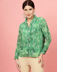 Green Floral Printed Cuban Collar Casual Buttoned Top