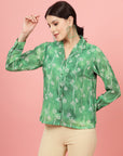 Green Floral Printed Cuban Collar Casual Buttoned Top