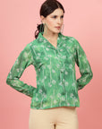 Green Floral Printed Cuban Collar Casual Buttoned Top