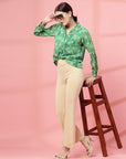 Green Floral Printed Cuban Collar Casual Buttoned Top
