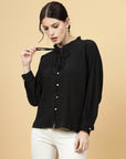 Self Design Tie-Up Neck Cuffed Sleeves A-Line Top