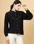 Self Design Tie-Up Neck Cuffed Sleeves A-Line Top