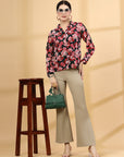 Black Floral Printed Spread Collar Casual Buttoned Top