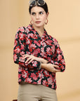 Black Floral Printed Spread Collar Casual Buttoned Top