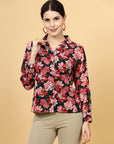 Black Floral Printed Spread Collar Casual Buttoned Top