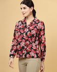 Black Floral Printed Spread Collar Casual Buttoned Top