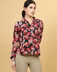 Black Floral Printed Spread Collar Casual Buttoned Top