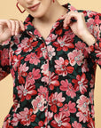 Black Floral Printed Spread Collar Casual Buttoned Top