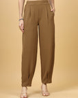 Women Brown Regular Fit Mid-Rise Pleated Trouser