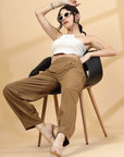 Women Brown Regular Fit Mid-Rise Pleated Trouser