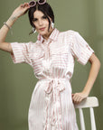 Shirt Collar Short Sleeves Striped Shirt Midi Dress