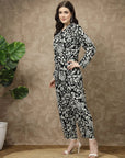 Black Floral Printed Long Sleeves Shirt With Trousers