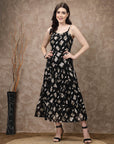 Black Abstract Printed Shoulder Straps Gathered Tiered A-Line Maxi Dress