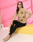Women Beige Floral Embroidered Cotton Buttoned Top