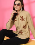 Women Beige Floral Embroidered Cotton Buttoned Top