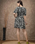 Black Floral Printed Puff Sleeves Gathered A-Line Dress