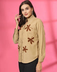 Women Beige Floral Embroidered Cotton Buttoned Top
