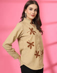 Women Beige Floral Embroidered Cotton Buttoned Top