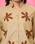 Women Beige Floral Embroidered Cotton Buttoned Top