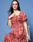 Maroon Floral Print Puff Sleeve Fit Flare Midi Dress