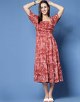 Maroon Floral Print Puff Sleeve Fit Flare Midi Dress