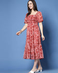 Maroon Floral Print Puff Sleeve Fit Flare Midi Dress