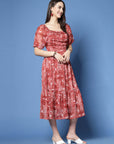 Maroon Floral Print Puff Sleeve Fit Flare Midi Dress