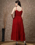 Red Striped Embellished Shoulder Straps Gathered & Tiered Detail Maxi Dress