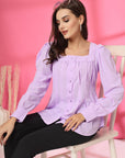 Women Collarless Solid Full Sleeves Buttoned Top