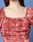 Maroon Floral Print Puff Sleeve Fit Flare Midi Dress