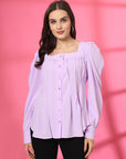 Women Collarless Solid Full Sleeves Buttoned Top