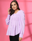Women Collarless Solid Full Sleeves Buttoned Top