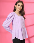 Women Collarless Solid Full Sleeves Buttoned Top