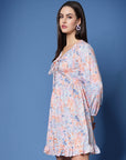 Pink Floral Printed Tie-Up Neck Puff Sleeve Fit Flare Mini Dress