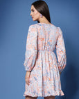 Pink Floral Printed Tie-Up Neck Puff Sleeve Fit Flare Mini Dress