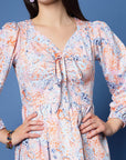 Pink Floral Printed Tie-Up Neck Puff Sleeve Fit Flare Mini Dress
