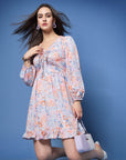 Pink Floral Printed Tie-Up Neck Puff Sleeve Fit Flare Mini Dress