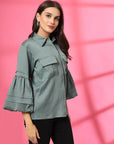 Women Spread Collar Casual Buttoned Top