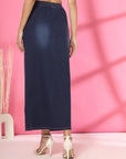 Solid Blue Women A-Line Knitted Maxi Skirt